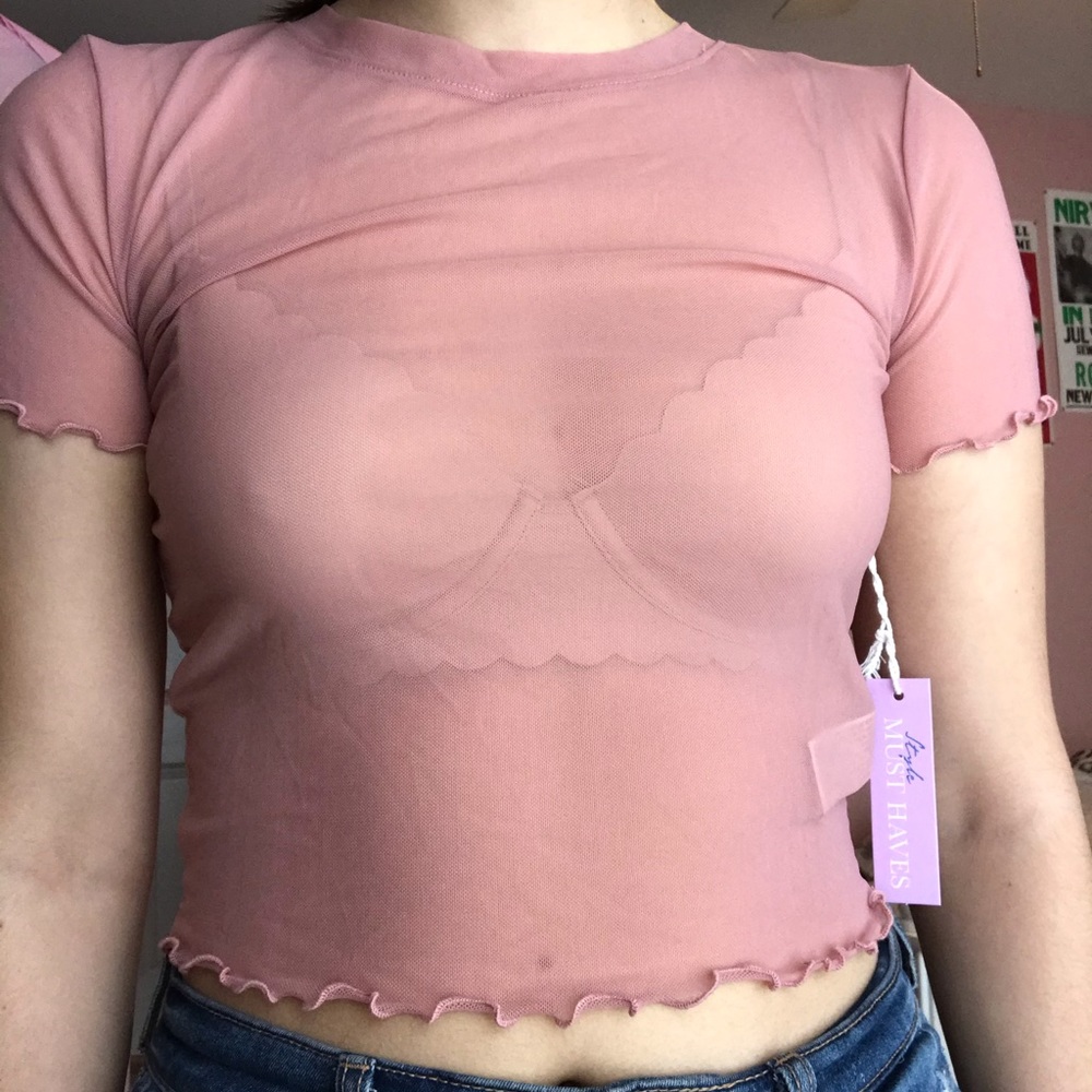NWT Pink Mesh Lettuce Edge Baby Tee